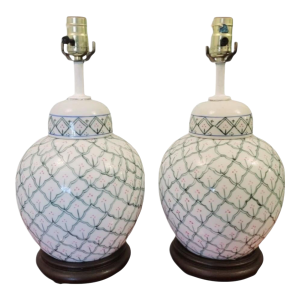 Vintage Floral Ginger Jar Ceramic Small Lattice Design Regency Style Table Lamps- A Pair