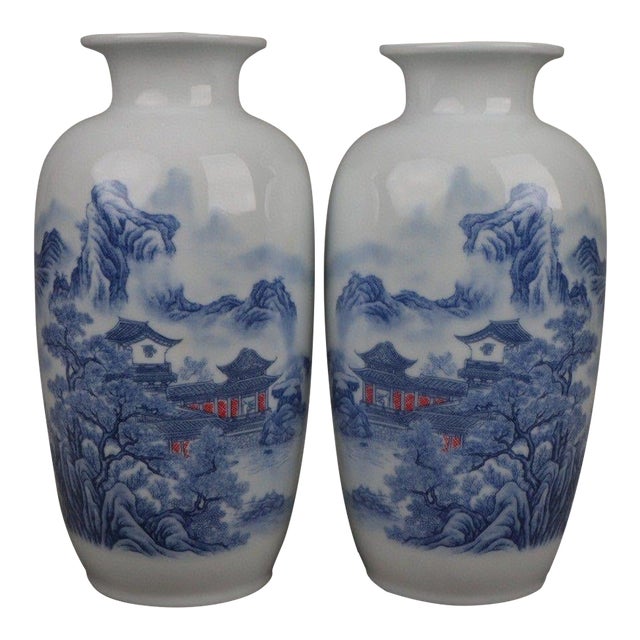 Pair of Vintage Blue and White Vases With Underglaze Red For Sale