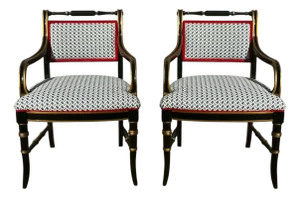 Regency Style Black Lacquer & Gilt Bergere Chairs Att. To Baker Furniture W/ Blue & White Upholstery - Pair