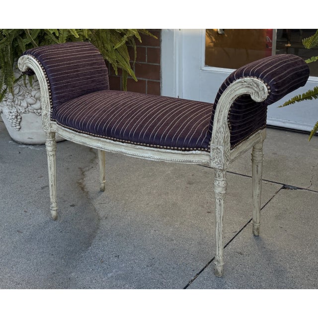 Antique Louis XVI Style Roll Arm Bench W Purple Striped Seat.