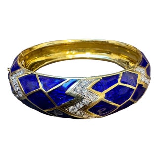 Blue Enamel & Diamond Bangle / Bracelet in 18 Karat Yellow Gold 80 Grams For Sale