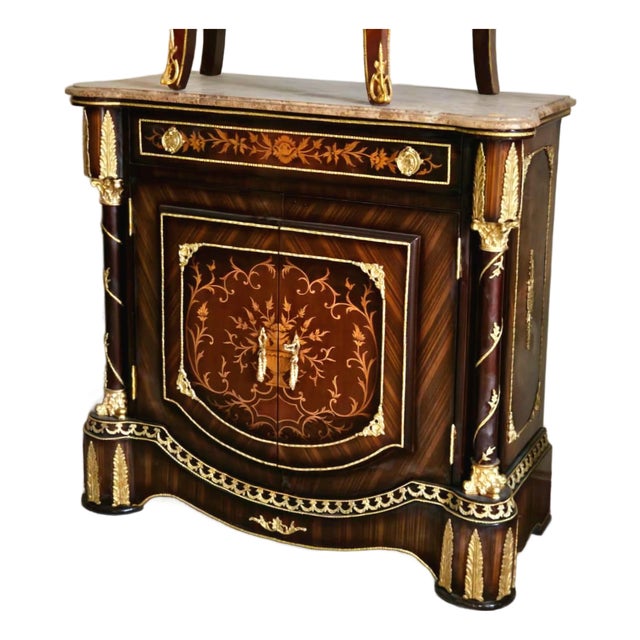 Marble Top Buffet Cabinet With Marquetry Inlay & Bronze Accents For Sale