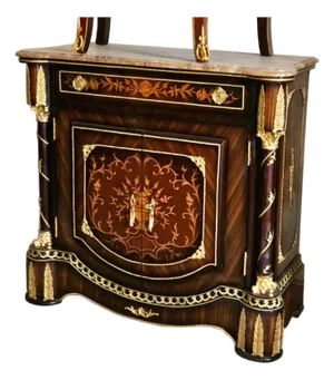 Marble Top Buffet Cabinet With Marquetry Inlay & Bronze Accents