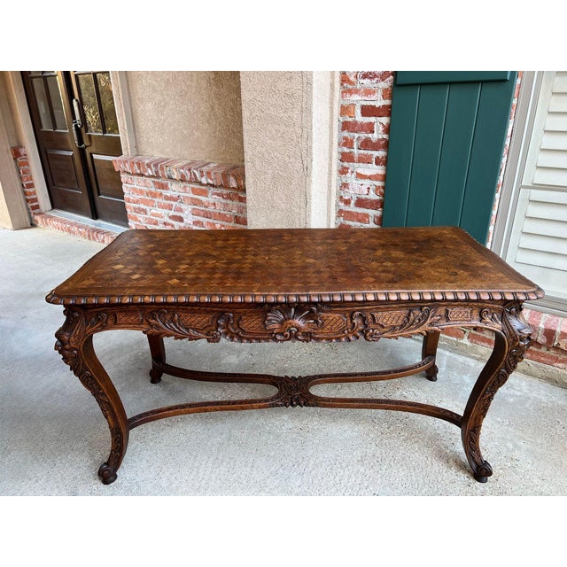 Antique French Center Library Table Louis XV Carved Oak Rococo Parquetry C1890 For Sale In Dallas - Image 6 of 18