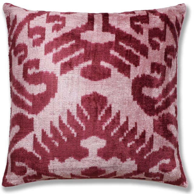 Mid-Century Modern Blush Pink & Rose Ikat Velvet Throw Pillow 16x16 | Soft Classic Luxury For Sale - Image 3 of 7