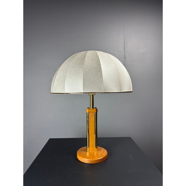 Mid-Century Austrian Hollywood Regency Oak and Brass Table Lamp with Mushroom Shade, 1960s For Sale - Image 6 of 17