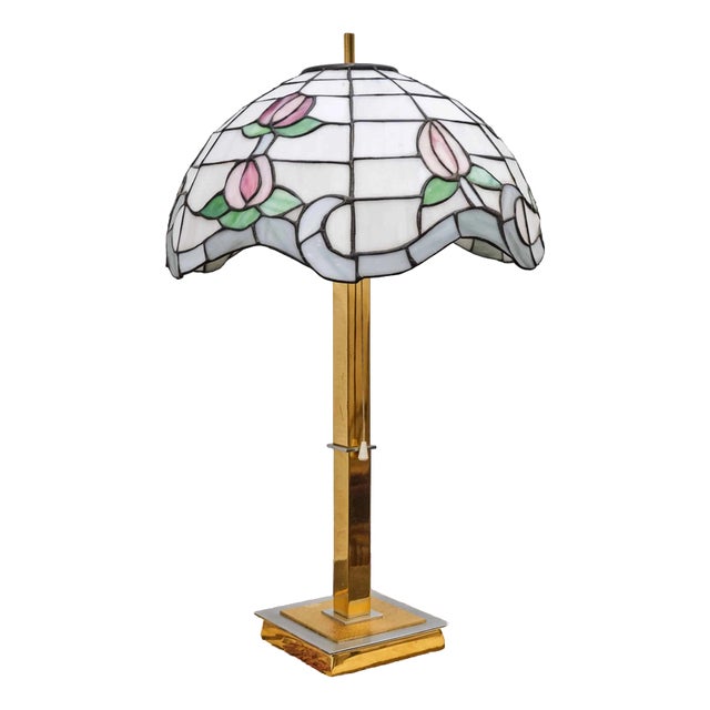 Vintage Brass Lamp with Tiffany Shade For Sale