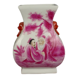 Chinese Vintage Ceramic Vase,Qing Dynasty Xianfeng Marked Famille Rose Porcelain Square Vase Hand Relief Figures Pattern