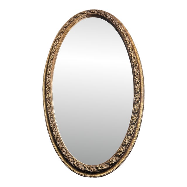 Vintage Beveled Oval Mirror With Gold Gilt Oak Leaf and Acorn Carved Wood Frame For Sale