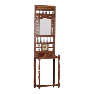 Vintage Indian Painted Teakwood Hall Stand W/ Mirror For Sale