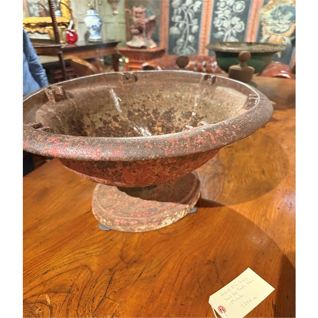 Antique Cast Iron Garden Urn With Aged Patina - Red For Sale - Image 4 of 4