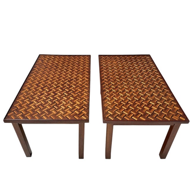 Magnificent and rare pair of Mid-Century Modern side tables. Striking Dutch design from the 1960s. Solid wenge base with...