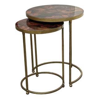 Vintage Penn Shell Mosaic Top + Metal Nesting Tables, Pair For Sale