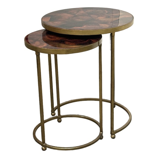 Vintage Penn Shell Mosaic Top + Metal Nesting Tables, Pair For Sale