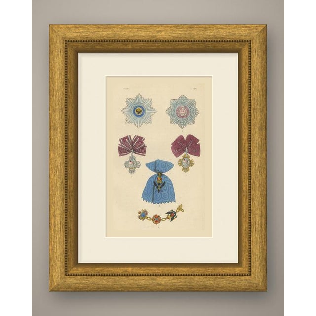 This is an original antique wood engraving, colored by hand, showing insignia of russia. At upper left is a silver star...