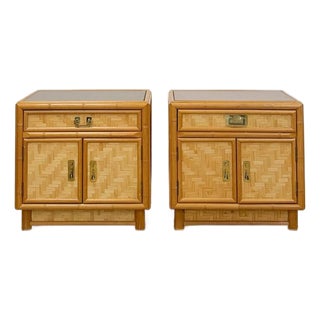 Mid 20th Century Coastal Bamboo Parquet Nightstand Pair Glass Top Hollywood Regency For Sale