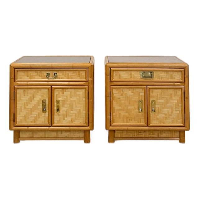 Mid 20th Century Coastal Bamboo Parquet Nightstand Pair Glass Top Hollywood Regency For Sale