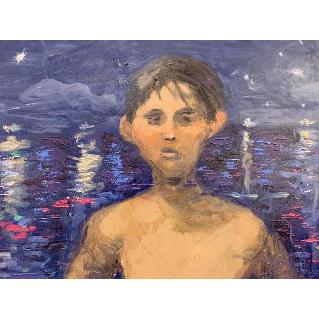 Contemporary Giampaolo Talani "The Bay With Full Moon" Oil on Board, Large Figurative Nocturne, Tuscan Coastal Art, Contemporary Art by Italian Master, 2000 For Sale - Image 3 of 12