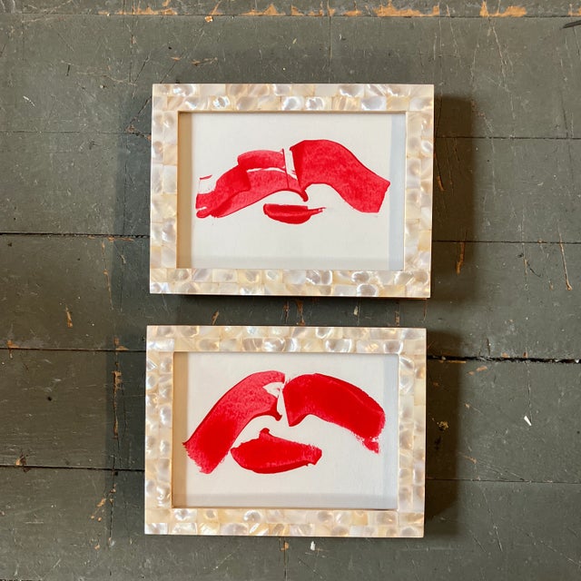 2020s Contemporary-2 Original Small “Flying Red Lips “ Paintings-Mother of Pearl Tabletop Frames For Sale - Image 5 of 5