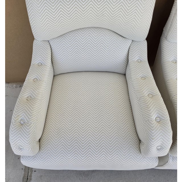 English Baker Furniture English Country Scroll Arm Lounge Chairs in White Herringbone Casters Pair For Sale - Image 3 of 17