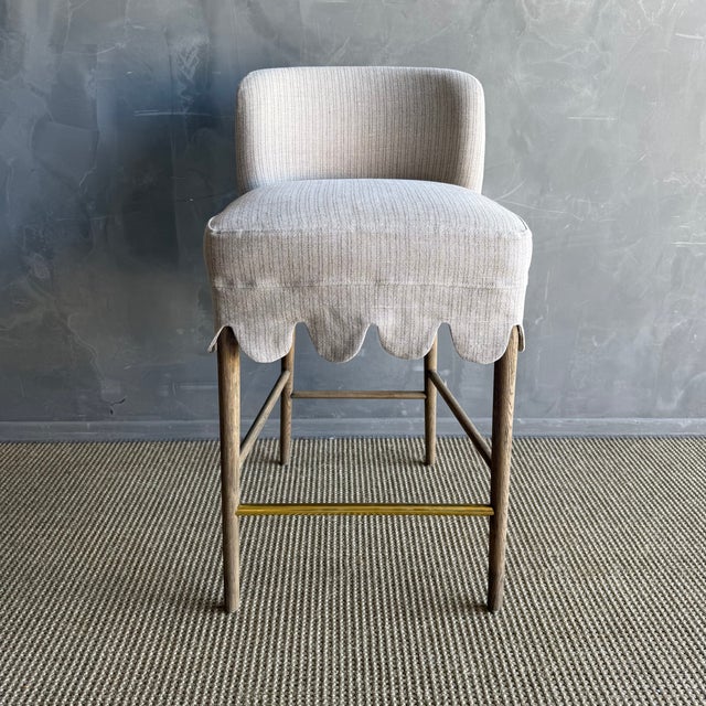 Mid-Century Modern Kate Slip Covered Counter Stool -Ticking 100% Linen With Raw Brass Foot Rail For Sale - Image 3 of 11