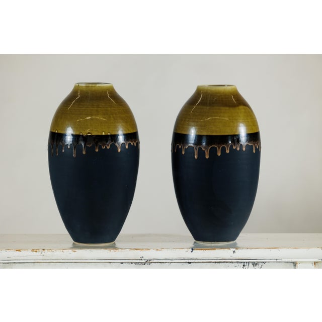 Large Artisan Ceramic Vases with Olive-Taupe and Black Drip Glaze Finish - A Pair For Sale - Image 11 of 18