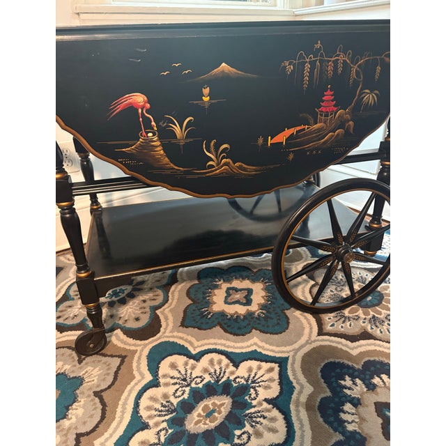 Imperial Furniture, Grand Rapids Vintage Imperial Furniture Grand Rapids Chinoiserie Bar Cart | C. 1940s | Black Lacquer, Raised Gold Chinoiserie, Drop Leaf For Sale - Image 4 of 12