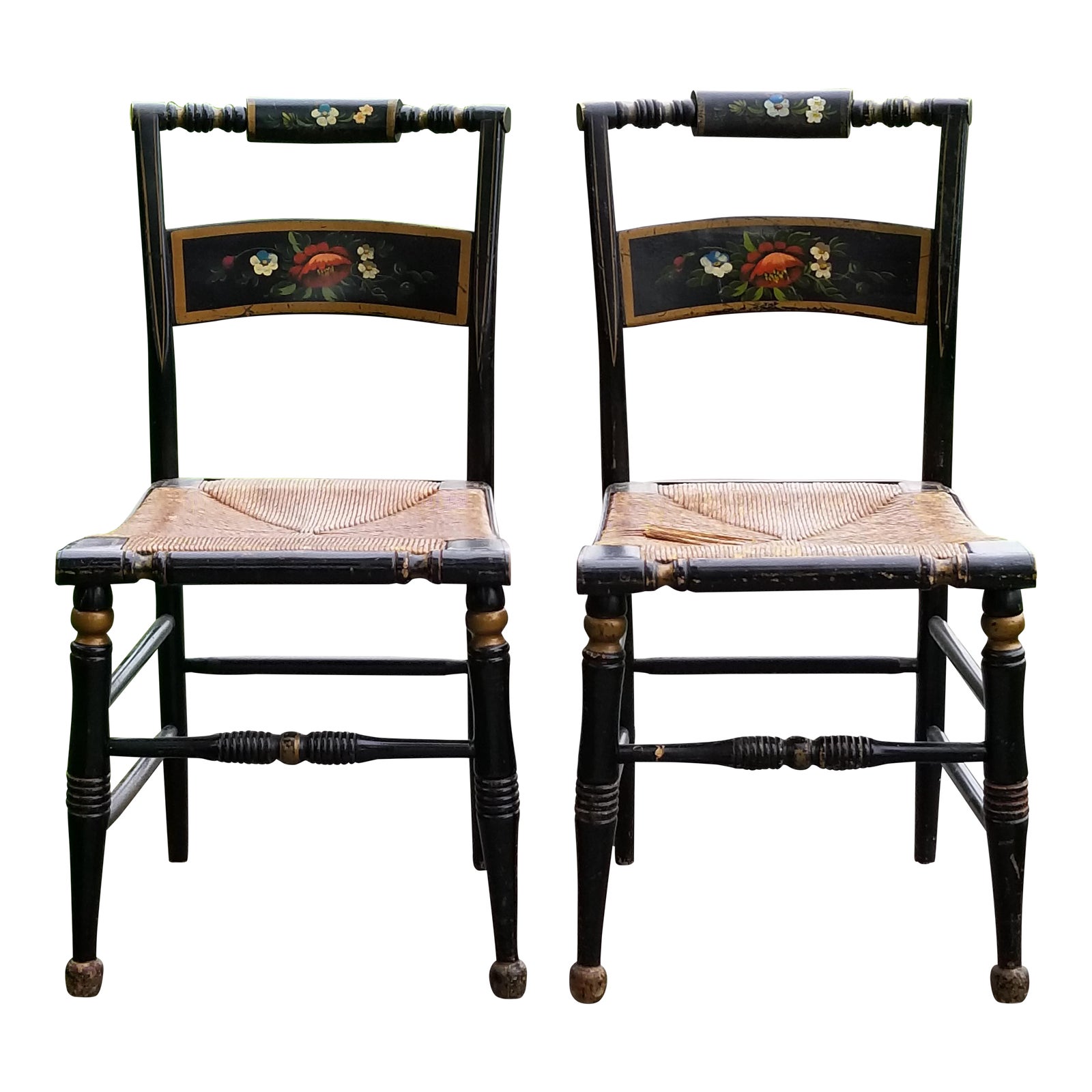 Antique Early American Hitchcock Style Stenciled Wood and Rush Seat