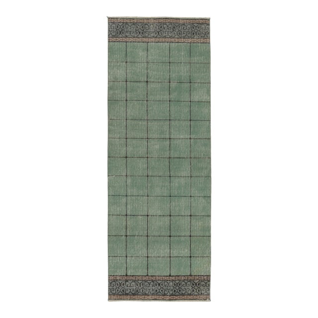 Vintage Turkish Distressed Runner in Mint Green Geometric Design - Rug & Kilim For Sale