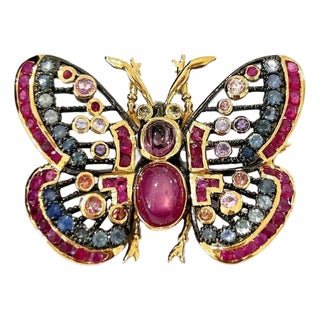 Bochic "Orient" Ruby, Multi Sapphires & Spinal Brooch Set In 18K Gold & Silver For Sale