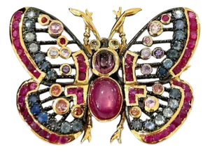 Bochic "Orient" Ruby, Multi Sapphires & Spinal Brooch Set In 18K Gold & Silver