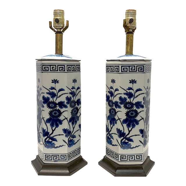 Vintage Mid Century Blue and White Ceramic Hexagon Shaped Table Lamps- A Pair For Sale