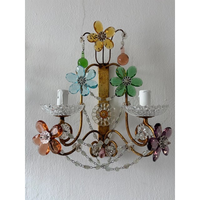 1930s Maison Baguès Style Multicolor Prisms Murano Drops Crystal Flowers Sconces C1930 For Sale - Image 5 of 14
