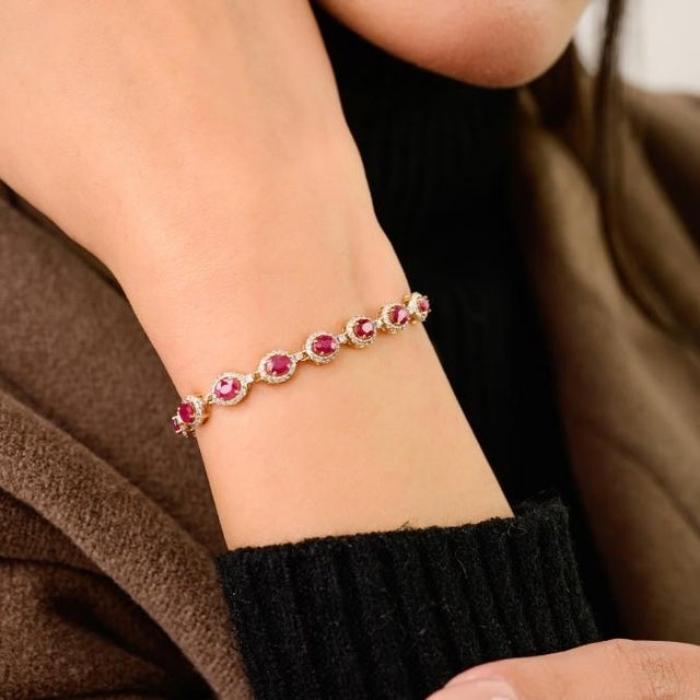 Ruby Red 3.71 CTW Ruby Halo Diamond Modern Tennis Bracelet in 14k Yellow Gold For Sale - Image 8 of 14