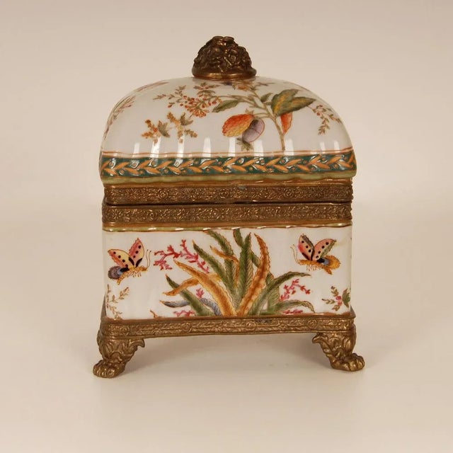 Goldenrod Vintage Bronze-Mounted Porcelain Box with Hand-Painted Butterflies and Floral Decor, 1980s For Sale - Image 8 of 11