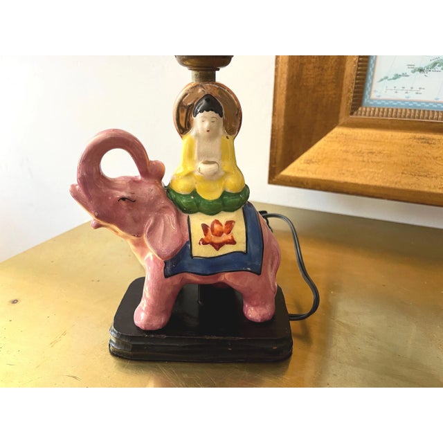 Darling 1940s Japanese crackle glazed pink porcelain elephant lamp hand painted with lucky upraised trunk, colorful...