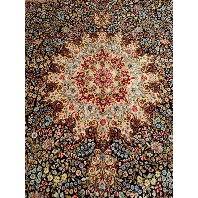 Antique Oversized Persian Kerman Lavar Rug, Hand-Knotted Wool, Millefleur Floral Pattern, Navy & Ivory, 10x14 For Sale - Image 12 of 17
