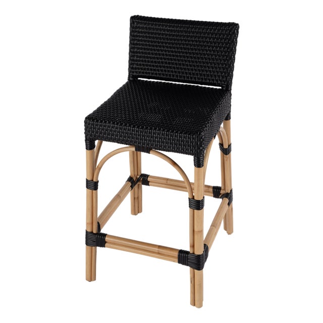 Serienna 24.5 in. Seat Height Rectangular Rattan Low Back Counter Stool, Black For Sale