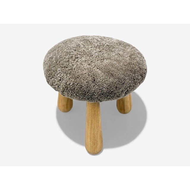 2020s Danish Modern Style, Gray Sheepskin, Maple, Shearling Footstools, 21st C. For Sale - Image 5 of 9