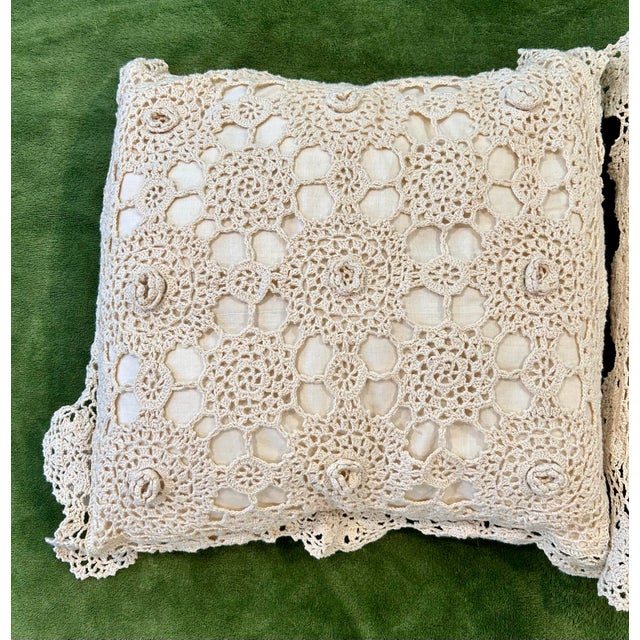 Vintage Pair Accent Pillows Crochet Lace and Rosette Overlay Cotton in Ivory Cream Very cute vintage 1980’s, 100% cotton,...