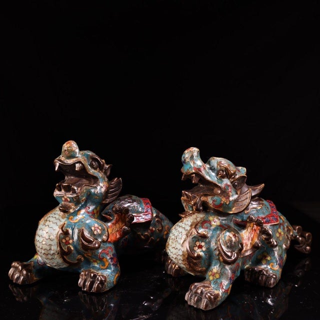This is a matching pair of cloisonné enamel figurines in the form of guardian lions (Pixiu), featuring intricate wire...