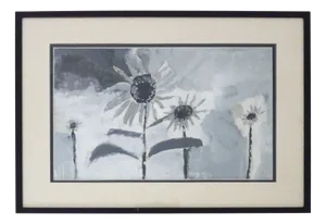 Gray Flowers, 1970s, Oil Painting, Framed