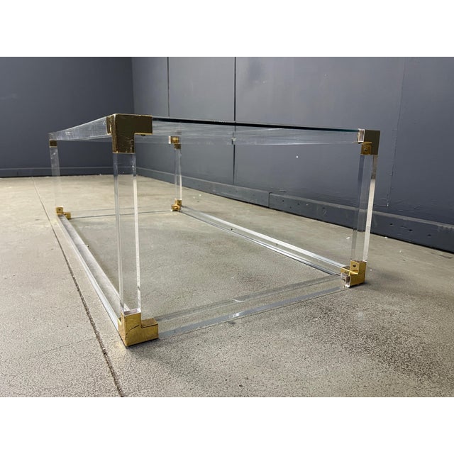 Vintage Brass and Acrylic Glass Coffee Table attributed to Charles Hollis Jones, 1970s For Sale - Image 9 of 13