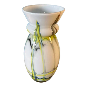 Milk White Art Glass Vase With Wide Lip Bulging Neck and Yellow Blue Swirl Pattern