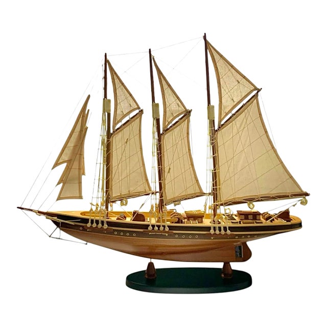 Late 20th Century Ship Model Wooden Sailboat Nautical Coastal Theme Vintage Office Decor For Sale