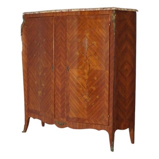 Antique French Kingwood, Marble & Satinwood Marquetry Armoire C1910 For Sale
