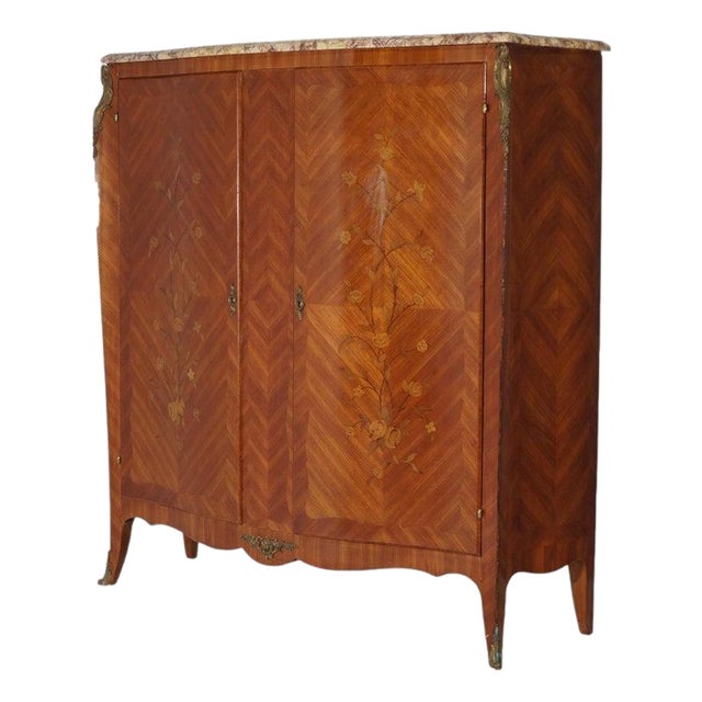 Antique French Kingwood, Marble & Satinwood Marquetry Armoire C1910 For Sale