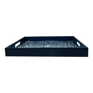Midnight Blue Lacquer Mother of Pearl Serving Tray For Sale
