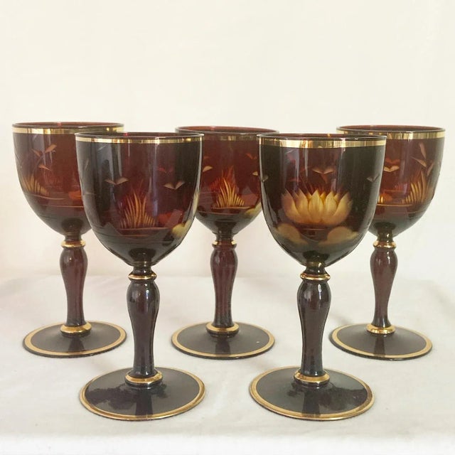 Vintage Bohemian Etched Amber Glass Decanter With Glasses- 6 Pieces For Sale - Image 4 of 8