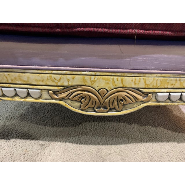 Textile Lavender Silk Sofa Chair With Ornate Wood Frame and Pillow For Sale - Image 7 of 12